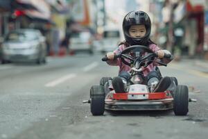 A young girl in a helmet riding a go kart photo