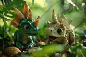 Two toy dinosaurs in the grass with green leaves photo