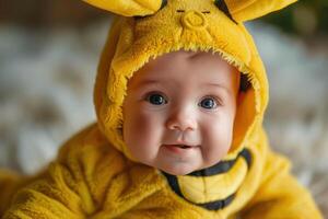 A baby in a yellow costume with a bee on it photo