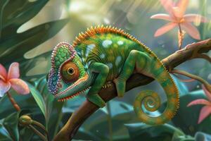 A chameleon is sitting on a branch in the jungle photo