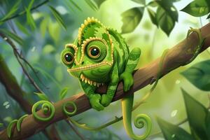 A cartoon chameleon sitting on a branch in the jungle photo