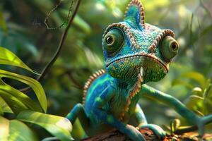 A chameleon is sitting on a branch in the jungle photo