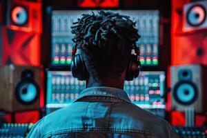 A man in headphones in a recording studio photo
