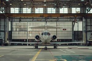 A small jet airplane parked in an open hangar photo