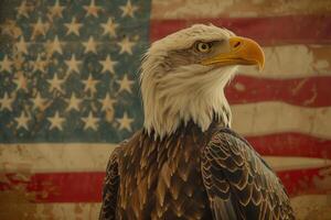 An eagle with a flag in the background photo