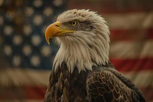 A bald eagle with a flag in the background photo