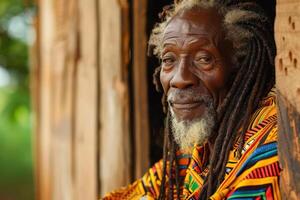 An old man with dreadlocks sitting in a window photo