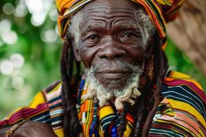 An old man with dreads and a colorful shirt photo