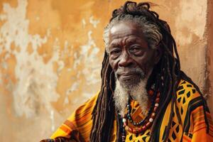 An old man with dreadlocks sitting on a wall photo