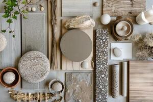 Various materials and objects are arranged on a table photo