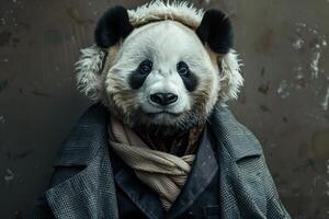 A panda bear wearing a coat and scarf photo