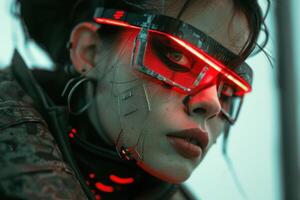 A woman with red glasses and a red light on her face photo