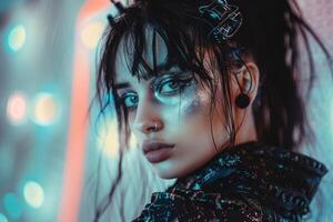 A woman with makeup and neon lights photo
