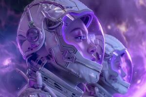 Two women in space suits with purple lights photo