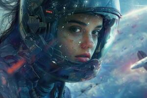 A woman in an astronaut suit is looking at a spaceship photo