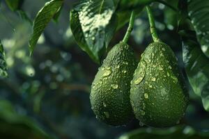 Two ripe avocados hanging from a tree photo