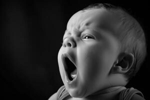 A black and white photo of a baby with its mouth open