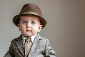 A baby in a suit and tie wearing a hat photo