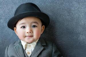 A baby wearing a suit and a hat photo