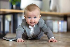 A baby in a suit crawling on the floor photo
