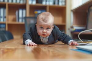 A baby in a suit and tie crawling on a desk photo
