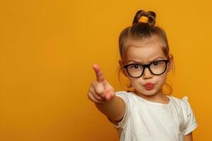 A little girl wearing glasses pointing at something photo