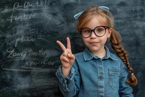 A little girl in glasses standing in front of a blackboard photo