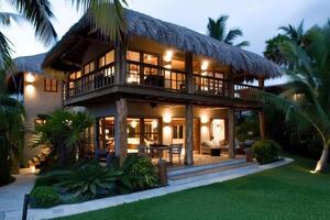 A tropical home with a thatched roof and lush landscaping photo