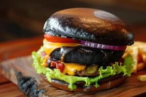 A burger with cheese, lettuce, and tomato on a wooden board photo