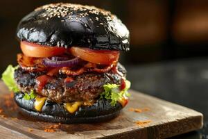A black burger with meat, cheese and tomatoes photo