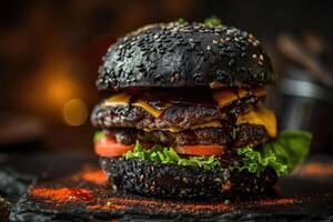 A black burger with cheese and meat on top photo