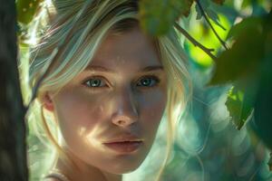 A beautiful blonde woman with blue eyes in the woods photo