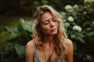 A woman with her eyes closed and a sad expression photo
