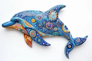 A dolphin painted with colorful designs on a white wall photo