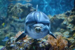 A dolphin is swimming in an aquarium photo