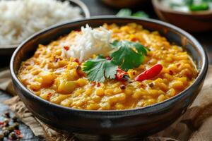 A bowl of yellow curry with rice and herbs photo