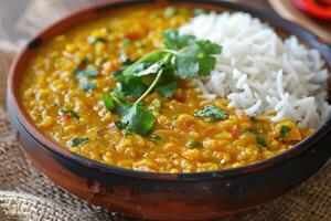 Indian lentil curry with rice photo