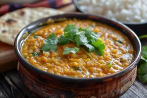 A bowl of curry with rice and a spoon photo