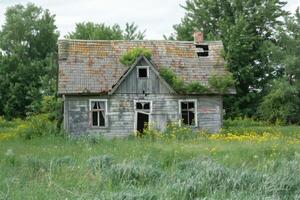 An old abandoned house in the middle of a field photo