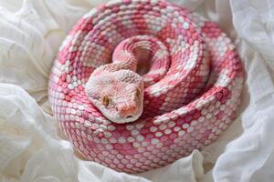 A pink snake wrapped around a white sheet photo