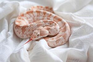 A snake is curled up on a white sheet photo