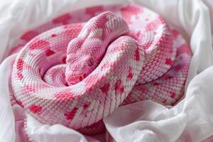 A pink snake wrapped in white fabric photo