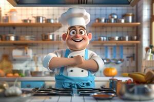 A cartoon chef standing in the kitchen photo