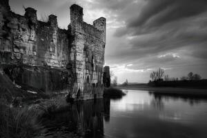 A black and white photo of a castle by the water