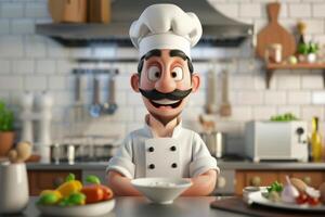 A cartoon chef is standing in front of a bowl of food photo