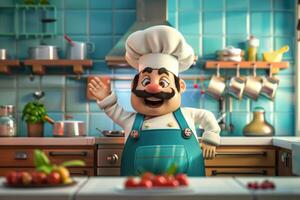 A cartoon chef in a kitchen with a smile photo
