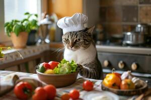 A cat wearing a chef hat is sitting at the table with a bowl of vegetables photo
