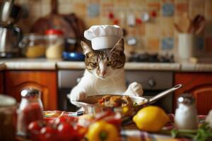 A cat wearing a chef hat standing in front of a bowl of food photo