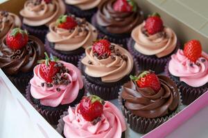 A box of cupcakes with chocolate frosting and strawberries photo