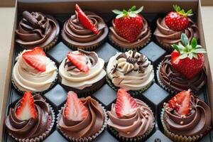 A box of cupcakes with chocolate frosting and strawberries photo